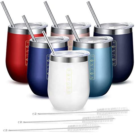 6 Pack Stemless Wine Glass Tumbler With Straw Fungun 12 Oz Stainless