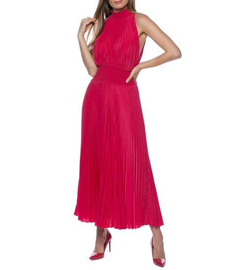 Marina Sleeveless Halter Mock Neck Smocked Pleated Crepe Chiffon A Line