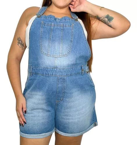 Macaquinho Jeans Plus Size Tamanhos Grandes Jardineira Short