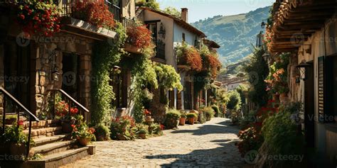 Beautiful romantic love Italian Europe street walk view. Plants flowers adventure travel ...