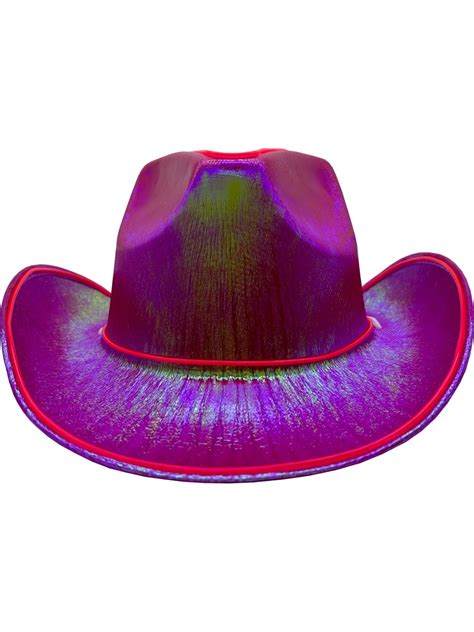 Adults Neon Pink Cowboy Hat With Party Wire El Light Up Trim Costume Accessory