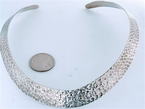 Chunky Hammered Sterling Silver Choker Collar Torque Necklace Heavy Modernist Textured 925