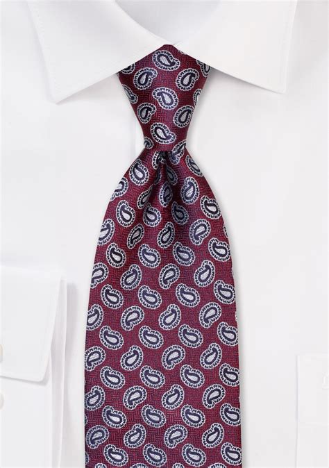 Burgundy Tie With Silver Paisley Pure Silk Necktie In Burgundy With