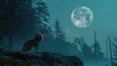 Majestic Wolf Howling At Full Moon In Enchanted Forest During Dusk