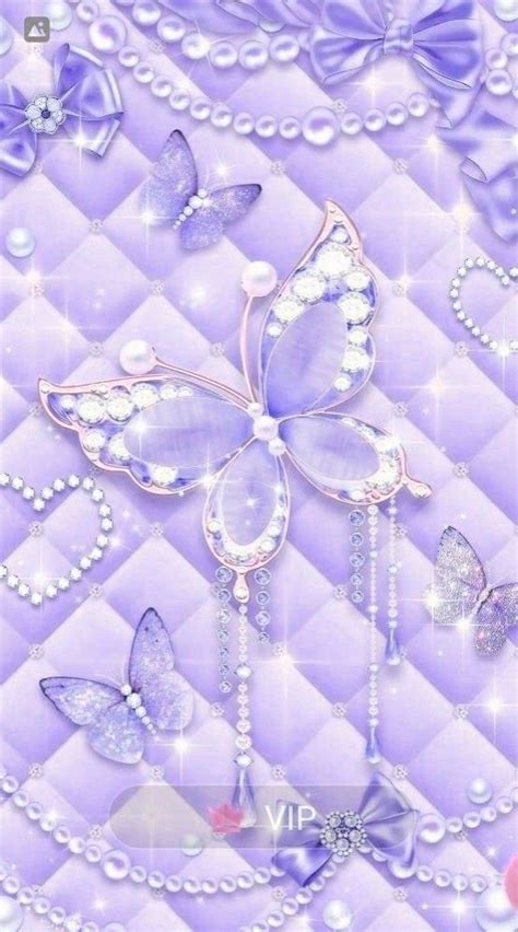 A Purple Wallpaper With Butterflies Pearls And Beads On The Bottom