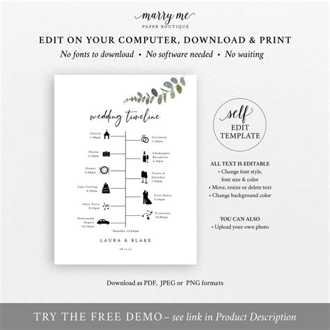 Wedding Itinerary Sign Template Eucalyptus Greenery Wedding Etsy