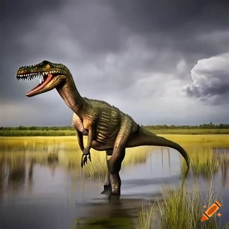 Detailed Artwork Of Two Baryonyx Dinosaurs In A Marshland With