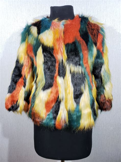 Delightful Womens Multi Colored Faux Fur Coat Stylish Multi Colored Womens Coat Etsy