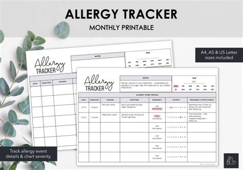 Printable Allergy Tracker Chart Monthly Allergy Events Instant Download Live Minimal