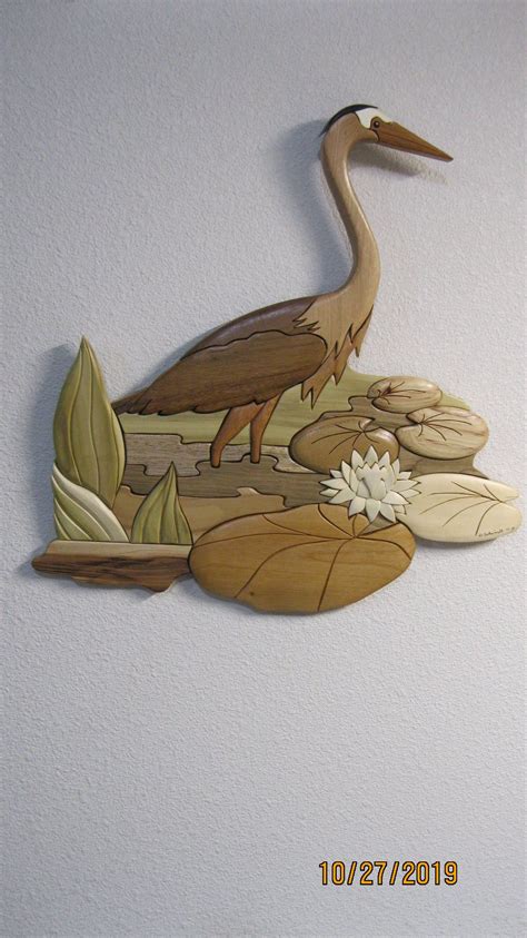 Great Blue Heron On Lily PatchIntarsia Wood Carved By Etsy Wood