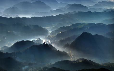 Nature Landscape Sunrise Mist Sun Rays Blue Mountain Forest Valley