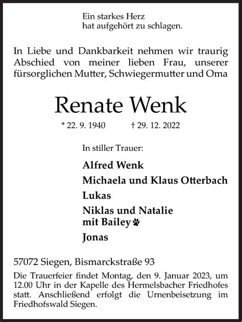 Traueranzeigen Von Renate Wenk Trauer De