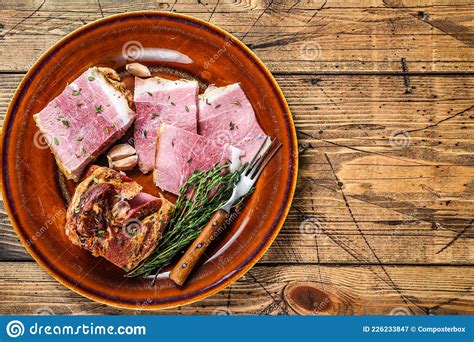 Smoked Pork Slab Bacon Meat Slices On A Rustic Plate Wooden Background Top View Stock Image