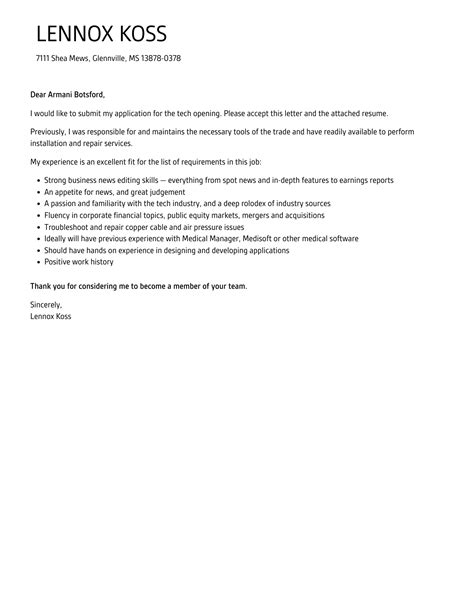 Tech Cover Letter Velvet Jobs