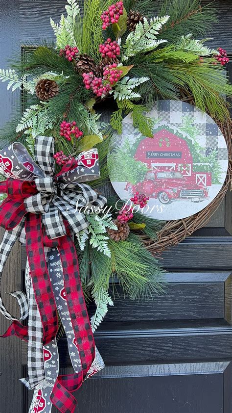 Red Truck Wreath, Christmas Wreath With Red Truck, Christmas Door ...