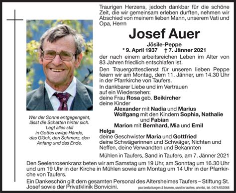 Traueranzeigen Von Josef Auer Trauer Bz