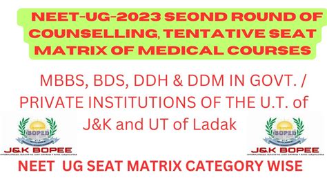 NEET UG Seat Matrix For Second Round Of Counselling I JKBOPEE MBBS BDS