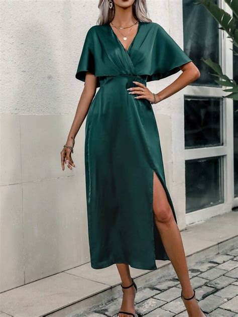 Solid Batwing Sleeve Split Thigh Dress Shein Eur