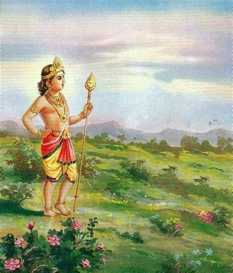 A Painting Of A Man Holding A Stick And Standing On A Hill With Flowers