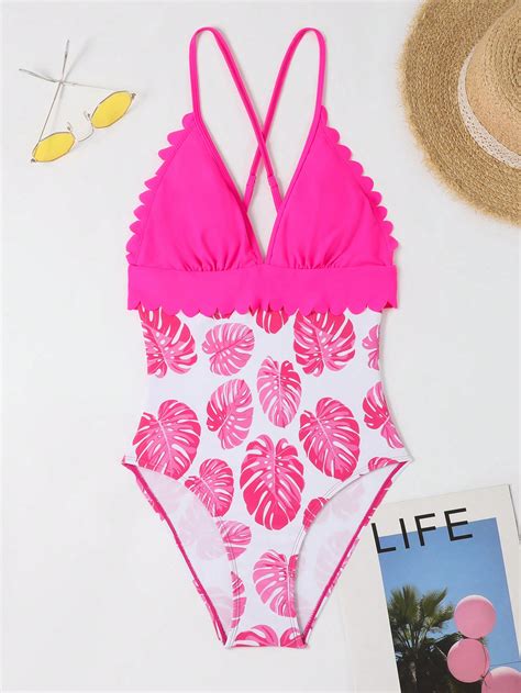 Tropical Print Scallop Trim Ruffle Hem One Piece Swimsuit Shein Usa