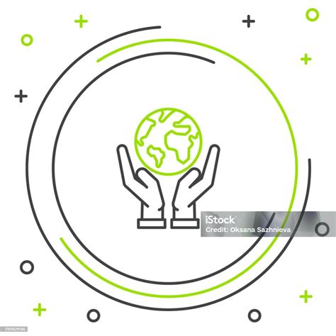 Black And Green Line Human Hands Holding Earth Globe Icon Isolated On