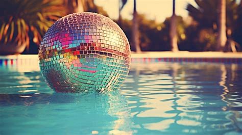 Premium Ai Image A Disco Ball Floating In A Pool With Palm Trees In The Background