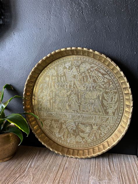 Vintage Large Round Egyptian Brass Tray Etched Brass Wall Hanging