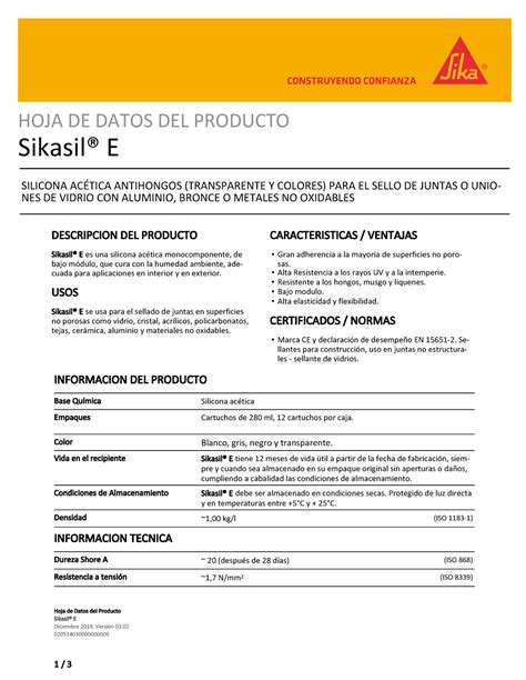 Ficha Tecnica Sikasil E Hoja De Datos Del Producto Sikasil E