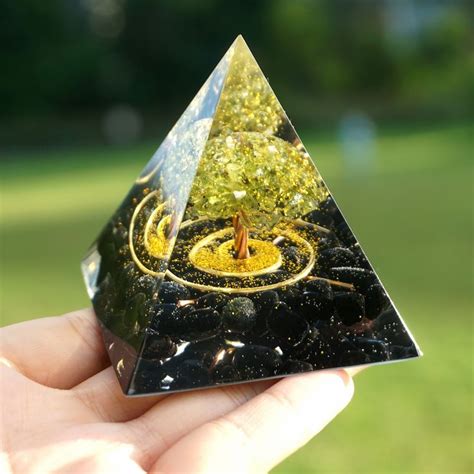 Tree Of Life Peridot With Obsidian Crystal Orgone Pyramid Reiki