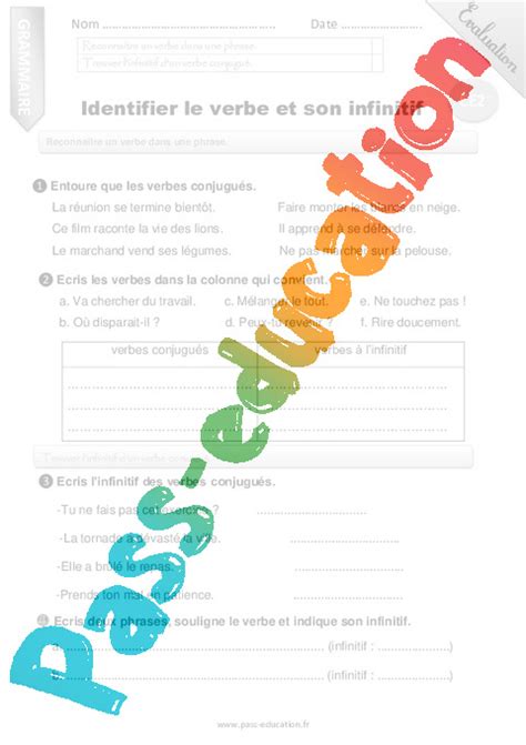 Identifier Le Verbe Et Son Infinitif Examen Evaluation Bilan Eme