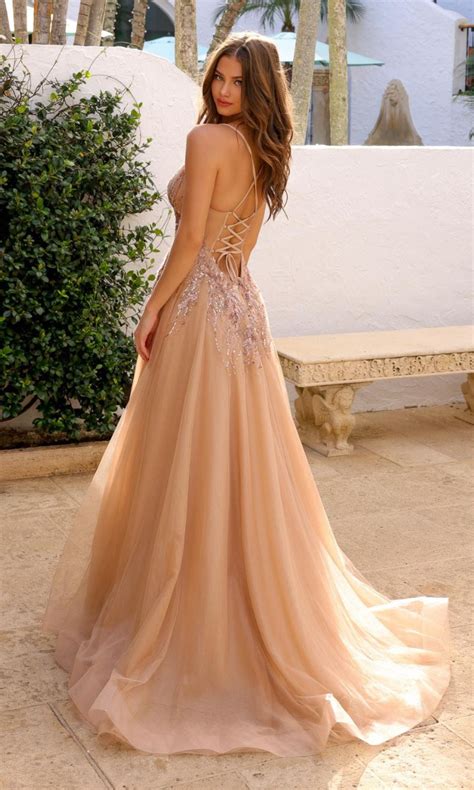 Open Back Sexy Rose Gold Prom Dress With High Slit