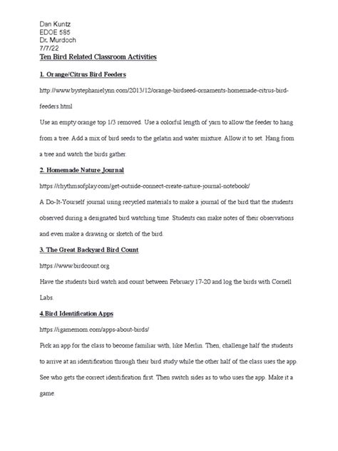 classroom bird activities  birds ornithology