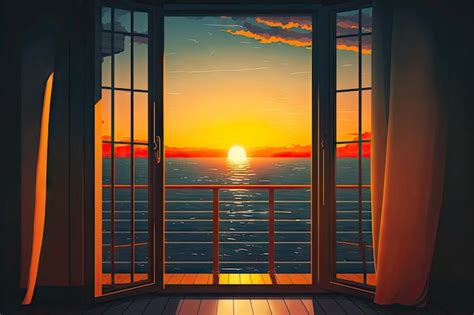 Premium Photo Beautiful Sunset View From Ship Deck Outside Window On Sea