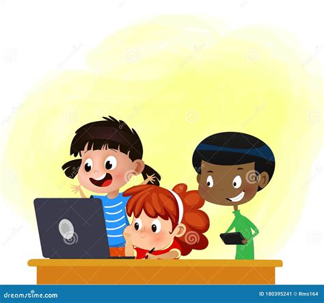 Kids In Computer Lab. School Children Coding At Computers. Cartoon Boys ...