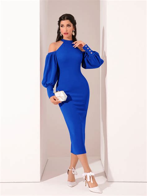 Shein Modely Solid Cold Shoulder Bishop Sleeve Split Back Bodycon Dress