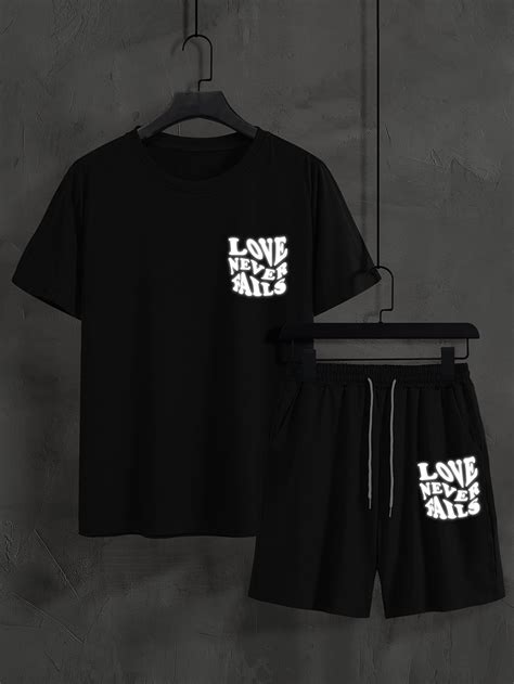 Men Letter Graphic Tee Drawstring Waist Shorts In Drawstring