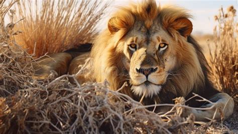 Big Male African Lion Panthera Leo Lying In The Grass Stock