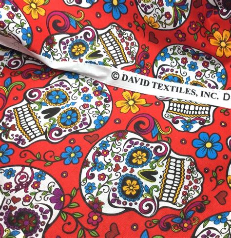 Red Skull Fabric Red Folkloric Sugar Skulls Fabric By David Etsy