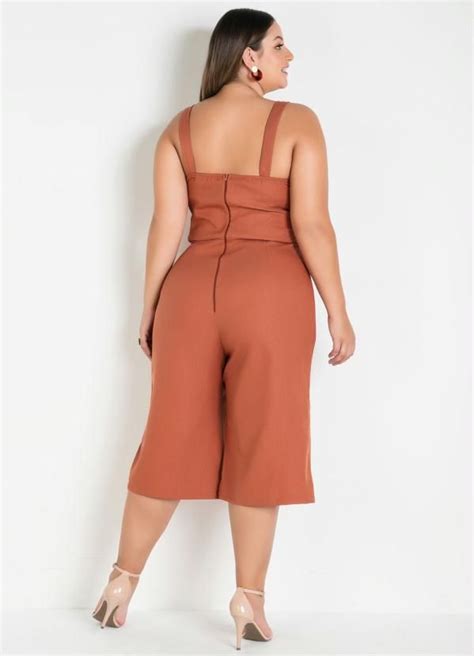 Mink Macacão Plus Size Caramelo Botões Macacão plus size Plus