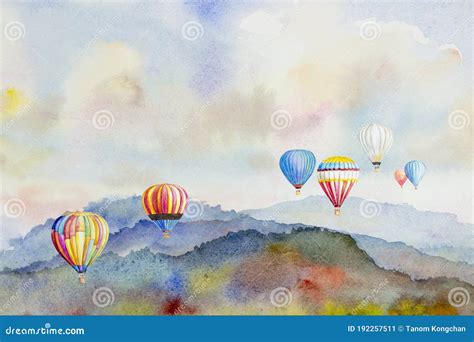 Watercolor Painting Colorful Hot Air Balloons Flying Over Mountain