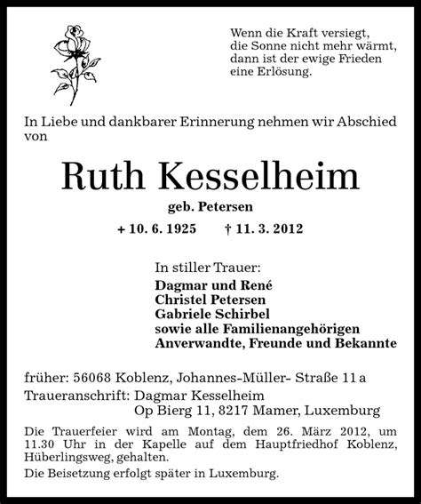 Traueranzeigen Von Ruth Kesselheim Rz Trauer De