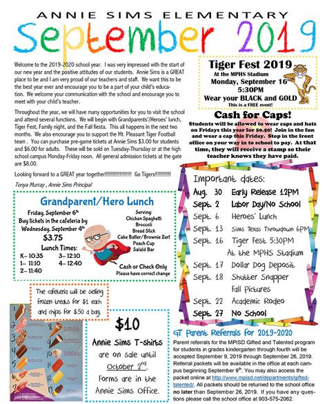 September Newsletter Annie Sims Elementary School