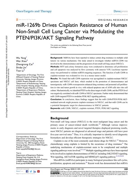 Pdf Mir 1269b Drives Cisplatin Resistance Of Human Non Small Cell