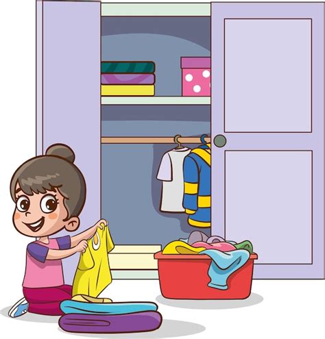 Ilustración vectorial de niños lindos poniendo su ropa en el armario