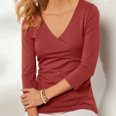 Soft Surroundings Womens Xs Red Shapely Surplice Faux Wrap Top Sleeves