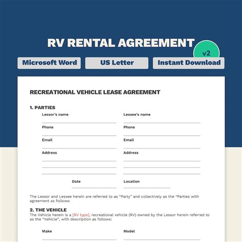 Rv Rental Agreement Short Term Rental Rv Camper Word 4 Page Etsy