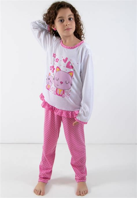 Pijama Longo De Malha Infantil 185 Rosa C Gatinho Ref CEZ PA185 002