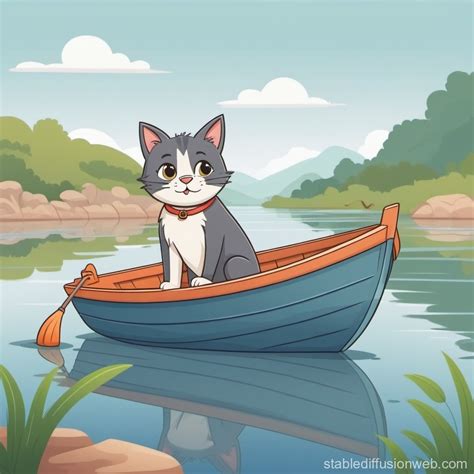 Cartoon Cat On Riverboat By Shore Stable Diffusion Online