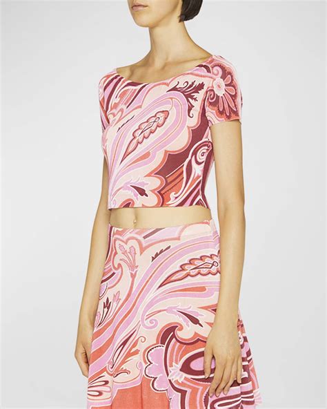 Etro Paisley Wave Print Scoop Neck Cap Sleeve Crop Top Neiman Marcus