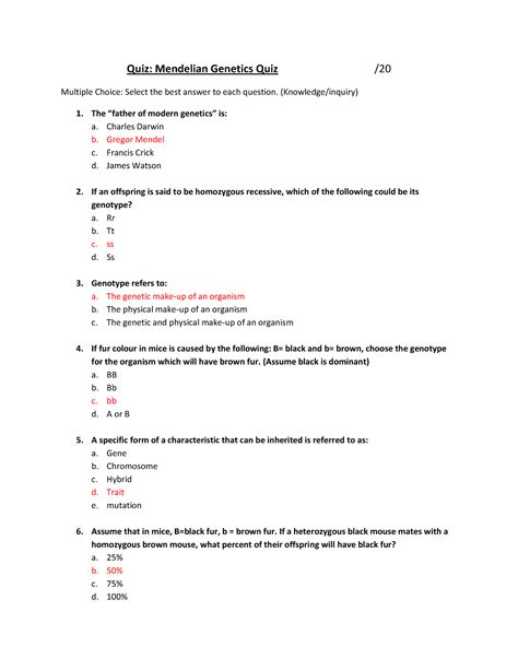 Quiz Answer Quiz Mendelian Genetics Quiz Multiple Choice Select